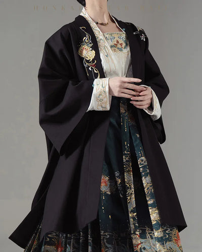 Dan Heng Imbibitor Lunae black long coat styled with teal Mamian Skirt and embroidered white blouse