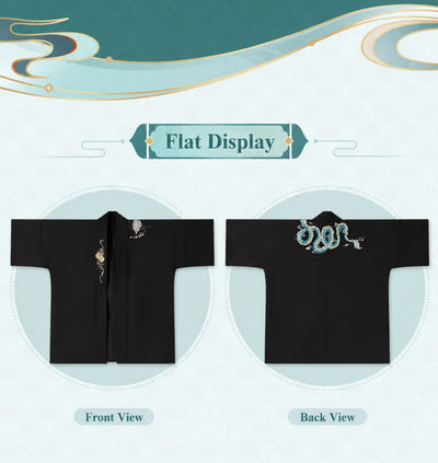 Front and back flat lay views of Dan Heng Imbibitor Lunae black Long Coat with dragon embroidery