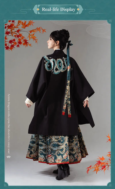 Dan Heng Imbibitor Lunae Long Coat displayed from multiple angles with embroidered shoulder and back details