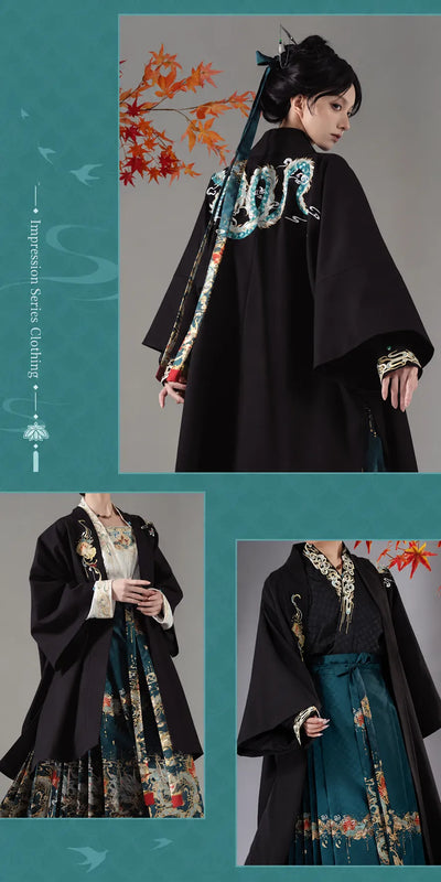 Model wearing Dan Heng Imbibitor Lunae Long Coat with wide black sleeves and detailed floral embroidery