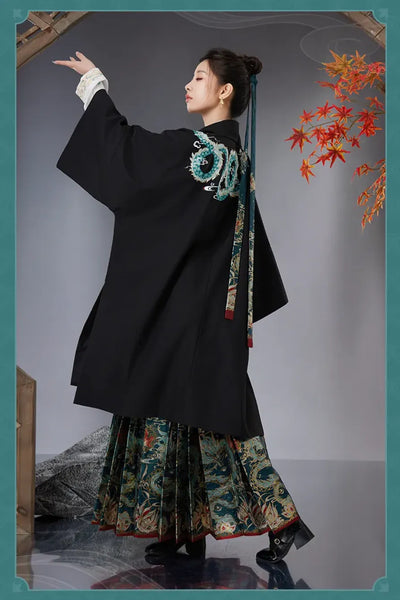 Dan Heng Imbibitor Lunae Long Coat back embroidery featuring a turquoise dragon and patterned hair ribbon