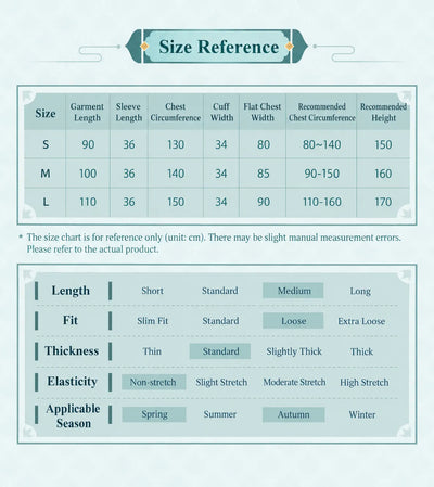 Dan Heng Imbibitor Lunae Long Coat size chart for S M L with garment length sleeve measurements and recommended chest sizes