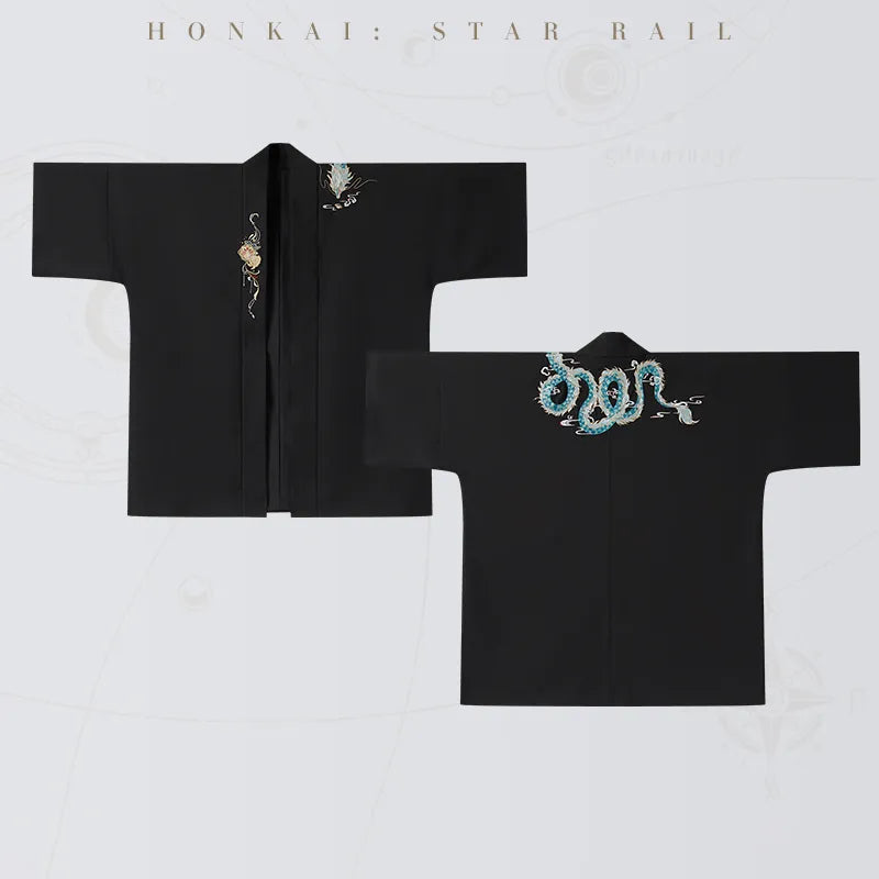 Dan Heng Imbibitor Lunae Impression Series black Long Coat with wide sleeves and embroidered dragon and lotus motifs