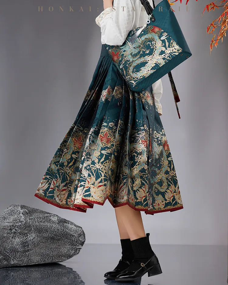 Dan Heng Imbibitor Lunae teal Mamian Skirt featuring gold dragon patterns and floral jacquard details