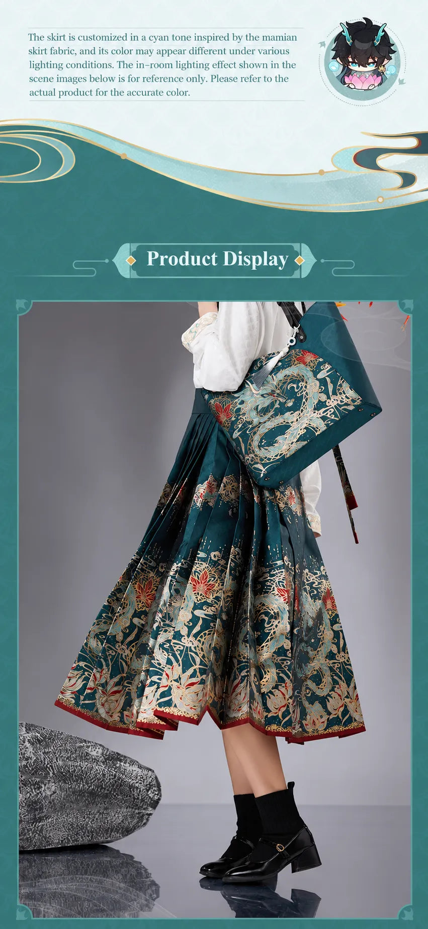 Model wearing Dan Heng Imbibitor Lunae Mamian Skirt with embroidered blouse and coordinated accessories