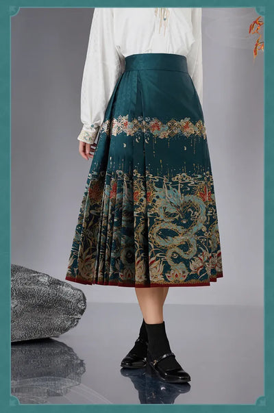 Dan Heng Imbibitor Lunae Mamian Skirt shown from multiple angles with pleated dragon pattern design