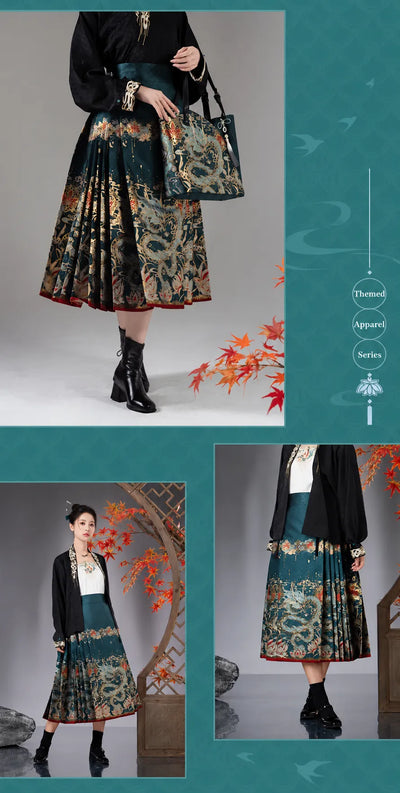 Detailed teal jacquard fabric with gold dragon, cloud and red floral patterns on Dan Heng Mamian Skirt