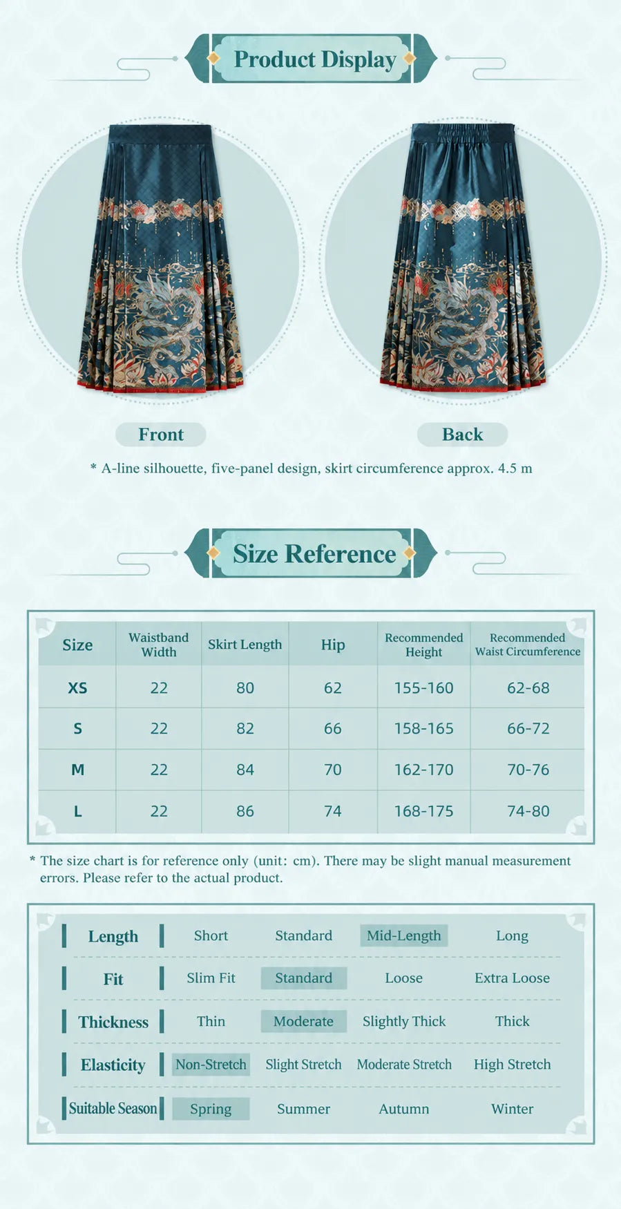 Dan Heng Imbibitor Lunae Zip-Up Mamian Skirt size chart for XS to L with waist, length and recommended height measurements