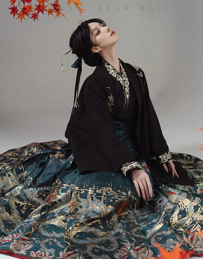 Model wearing Dan Heng Imbibitor Lunae teal Mamian Skirt with flowing pleats and gold dragon motifs