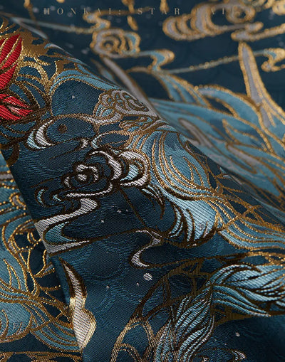 Dan Heng Imbibitor Lunae teal Mamian Skirt paired with black embroidered jacket and decorative waist sash