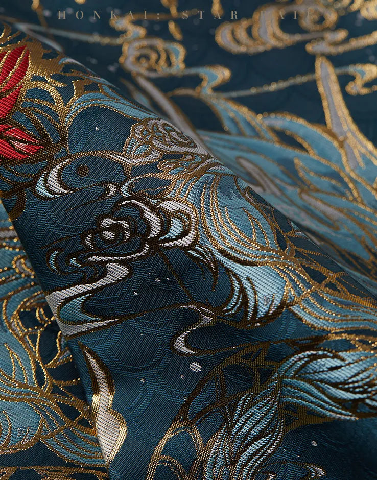 Dan Heng Imbibitor Lunae teal Mamian Skirt paired with black embroidered jacket and decorative waist sash