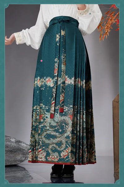 Dan Heng Imbibitor Lunae Mamian Skirt close-up showing pleats and detailed dragon and floral patterns