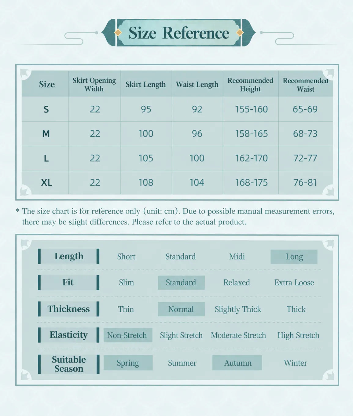 Dan Heng Imbibitor Lunae One-Piece Mamian Skirt size chart for S M L XL with skirt length and recommended waist measurements