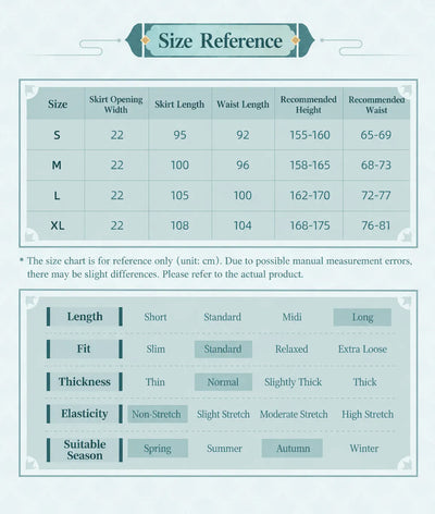 Dan Heng Imbibitor Lunae One-Piece Mamian Skirt size chart for S M L XL with skirt length and recommended waist measurements