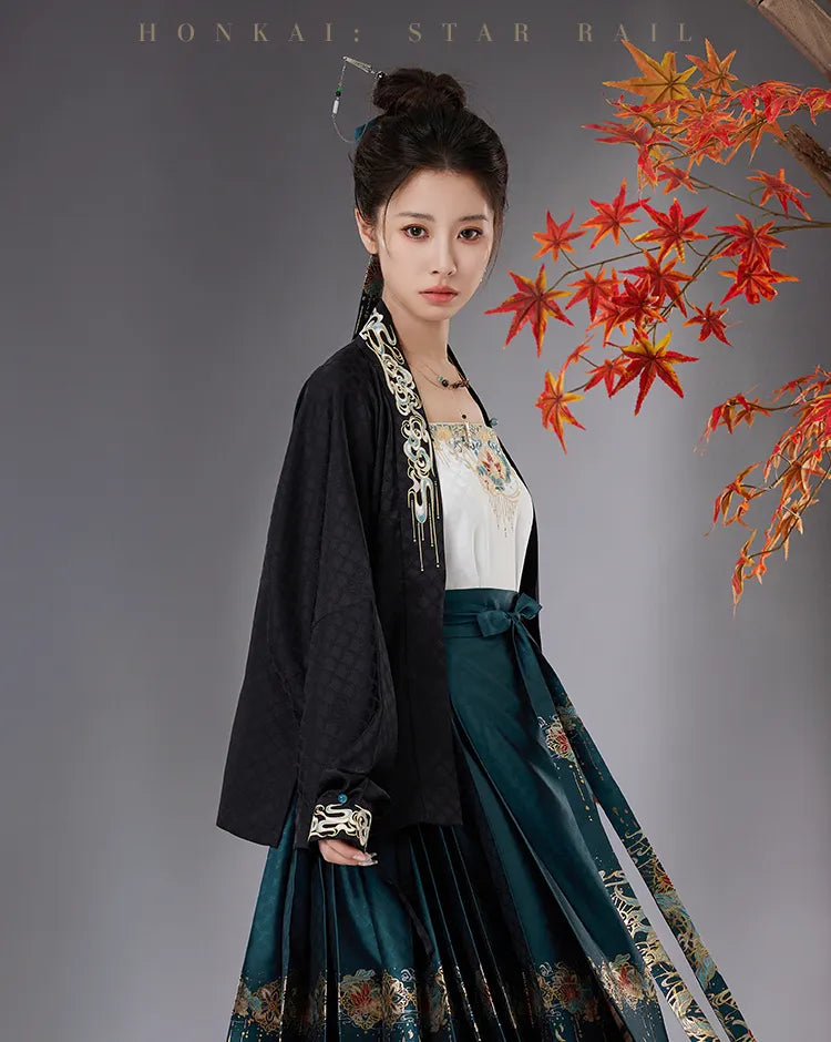 Dan Heng Imbibitor Lunae black short jacket featuring wide sleeves and decorative cloud embroidery