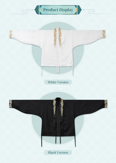 Front flat lay display of Dan Heng Imbibitor Lunae black short jacket with embroidered collar and cuffs