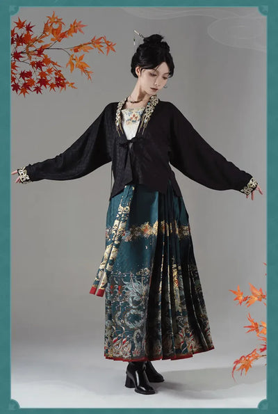 Close-up of white and black Dan Heng short jacket collars with teal and gold cloud embroidery
