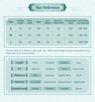 Dan Heng Imbibitor Lunae Short Jacket size chart for S M L with garment length sleeve measurements and recommended bust