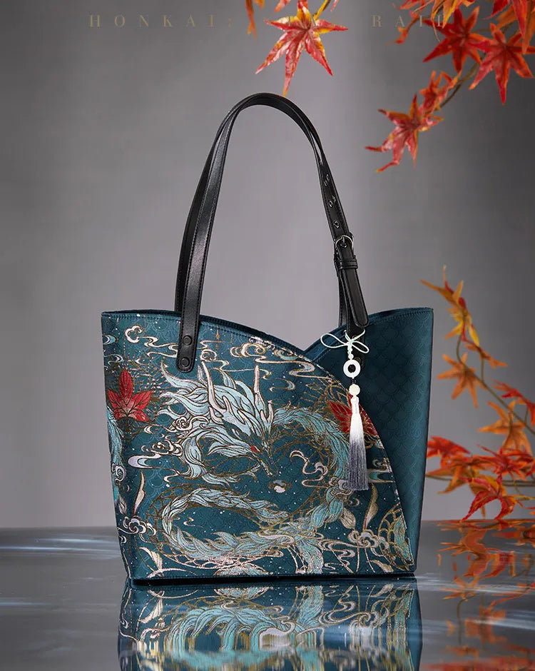 Honkai Star Rail Dan Heng Imbibitor Lunae Impression Series Tote Bag featuring teal dragon and cloud motifs