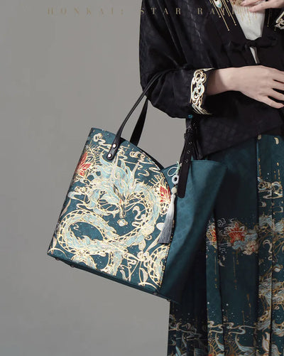 Dan Heng Imbibitor Lunae Impression Tote Bag styled with traditional Chinese clothing and floral patterns