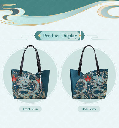 Front and back views of Dan Heng Imbibitor Lunae Tote Bag with teal dragon patterns and adjustable shoulder straps