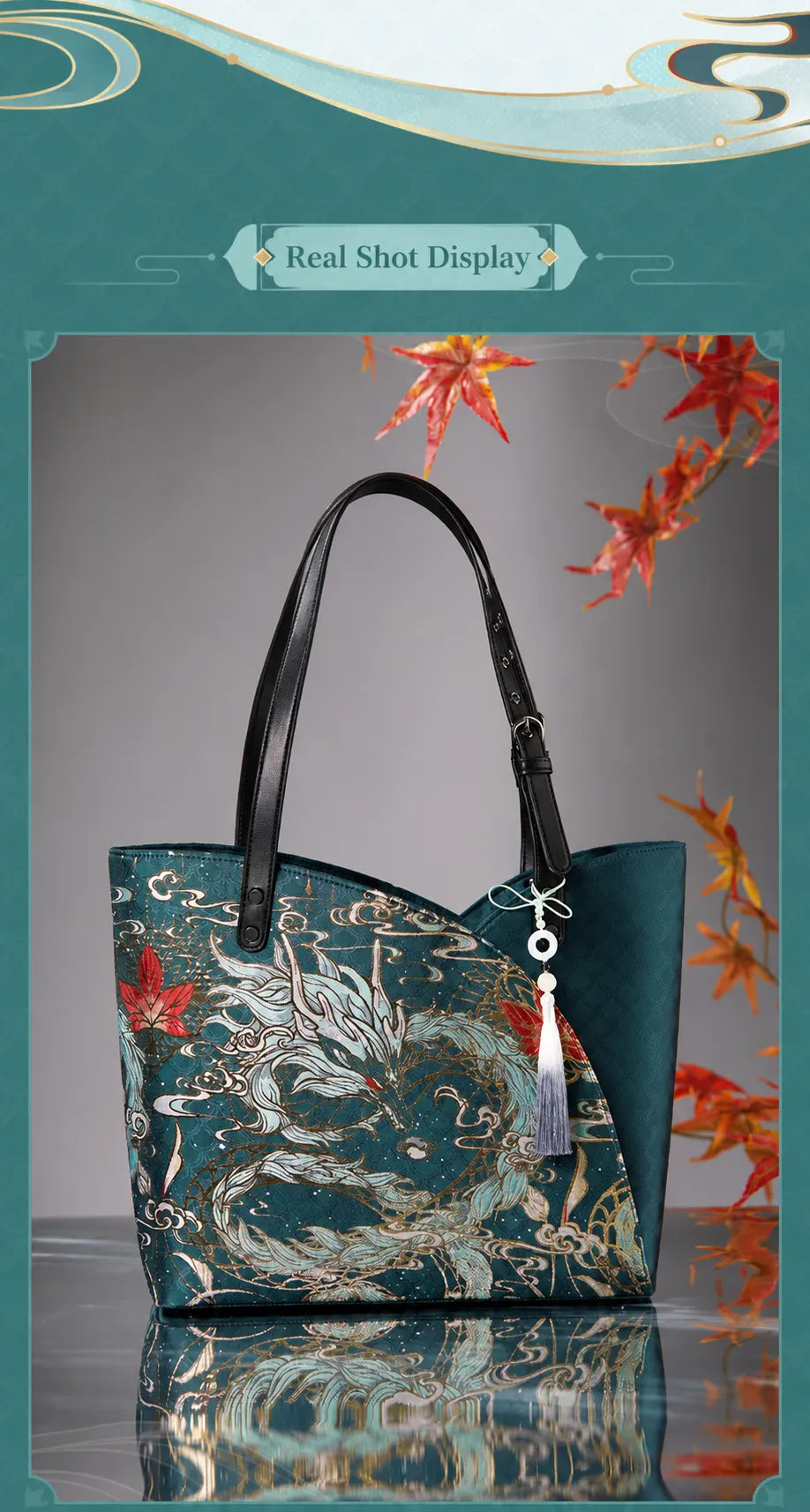 Dan Heng Imbibitor Lunae Tote Bag displayed with white embroidered blouse and teal Mamian Skirt