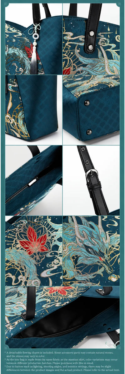 Dan Heng Imbibitor Lunae Tote Bag close-up showing dragon motifs, maple leaf patterns and black shoulder straps