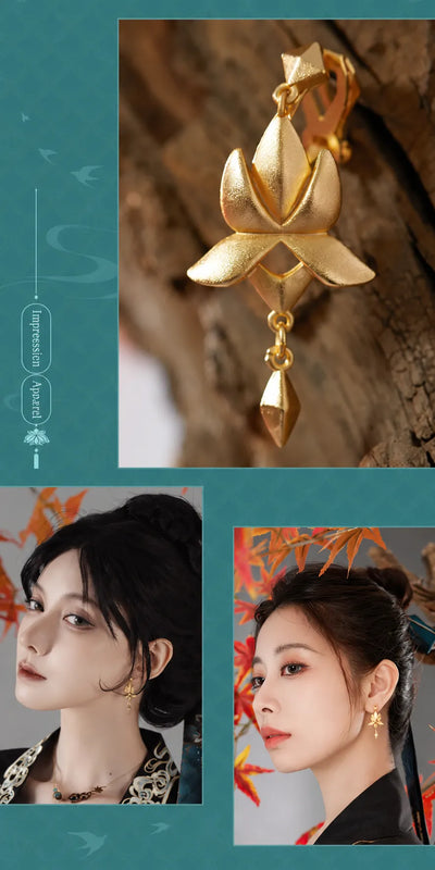 Dan Heng Imbibitor Lunae Water Lotus Ear Cuff shown from multiple angles with gold lotus and dangling details