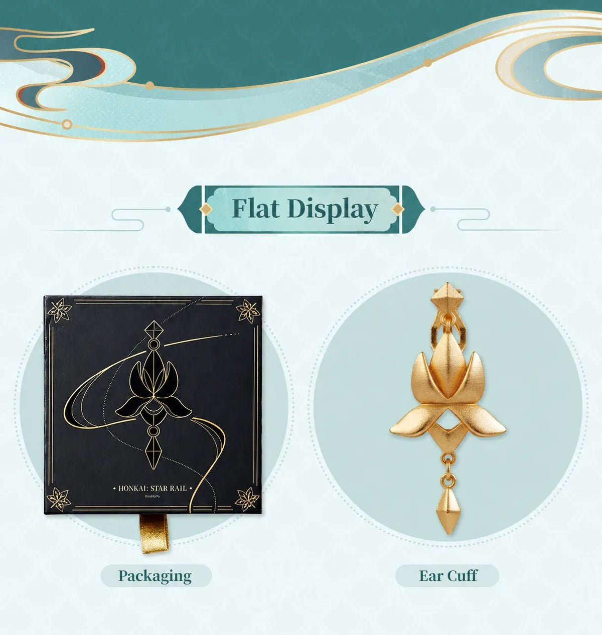 Dan Heng Imbibitor Lunae Water Lotus Ear Cuff displayed alongside its black Honkai Star Rail gift box with gold lotus artwork