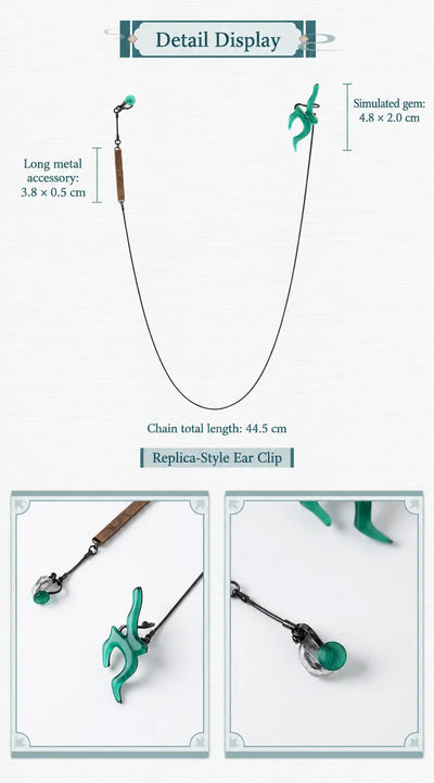 Close-up of Dan Heng green ear clip showing curved ornament and metal attachment