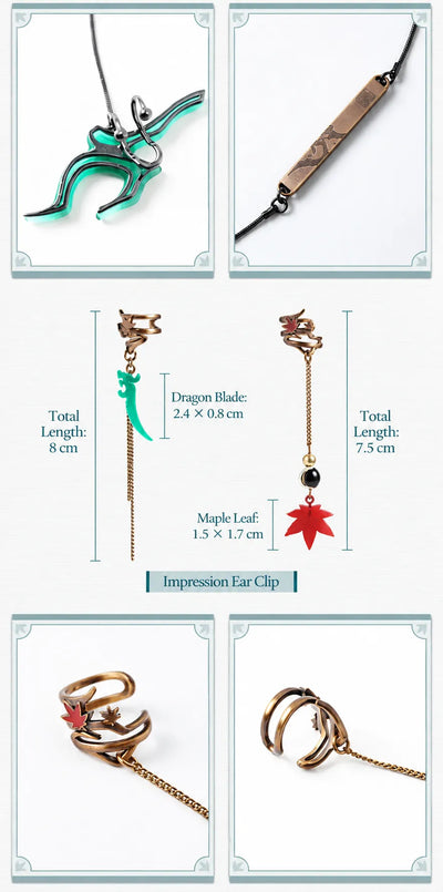 Dan Heng dangling ear clip with red maple leaf charm and antique gold metal finish