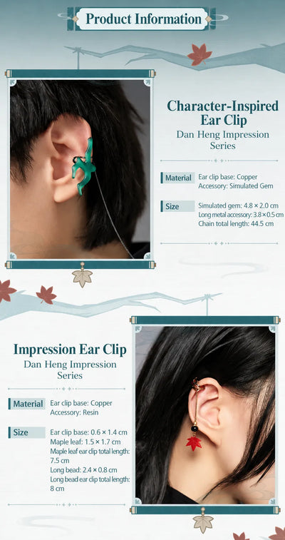 Dan Heng replica-style ear clip and dangling ear clip with material and size specifications
