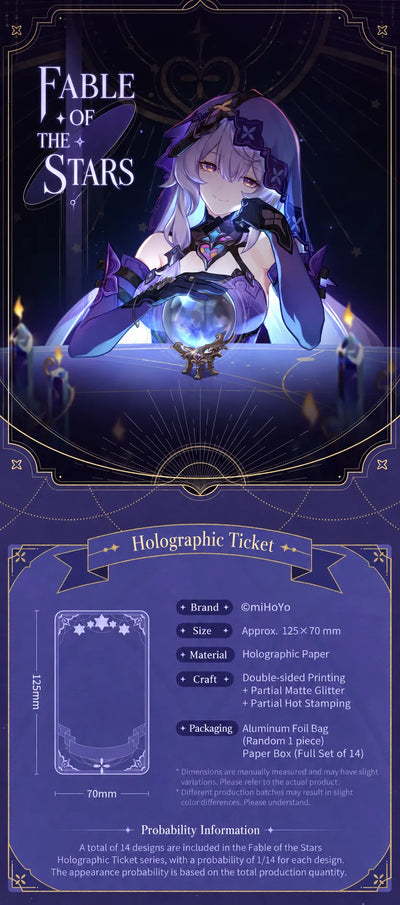 Fable of the Stars holographic ticket specifications showing dimensions materials printing and packaging