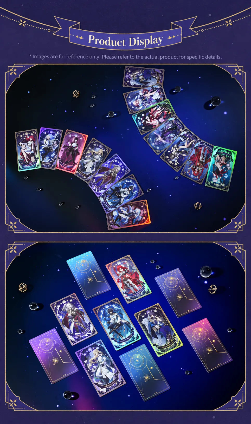 Fable of the Stars holographic tickets displayed with colorful character artwork and celestial patterned backs