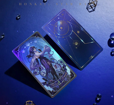 Honkai Star Rail holographic collectible tickets with reflective finishes and celestial designs