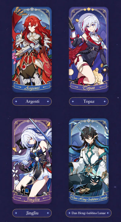 Fable of the Stars character badges featuring Argenti Topaz Jingliu and Dan Heng Imbibitor Lunae