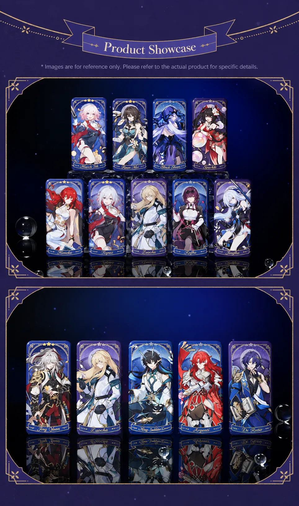 Fable of the Stars Series tinplate badges displayed in two rows with assorted character designs