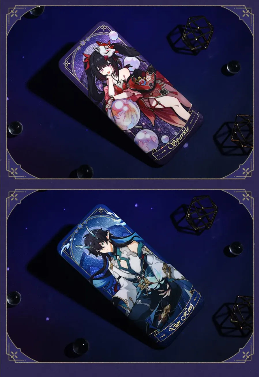 Honkai Star Rail Fable of the Stars collectible tinplate badges in a real product display