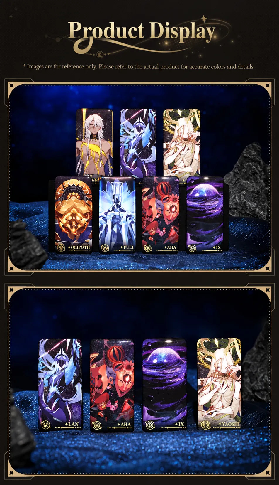 Seven Aeons tinplate badges displayed together on a celestial-themed background