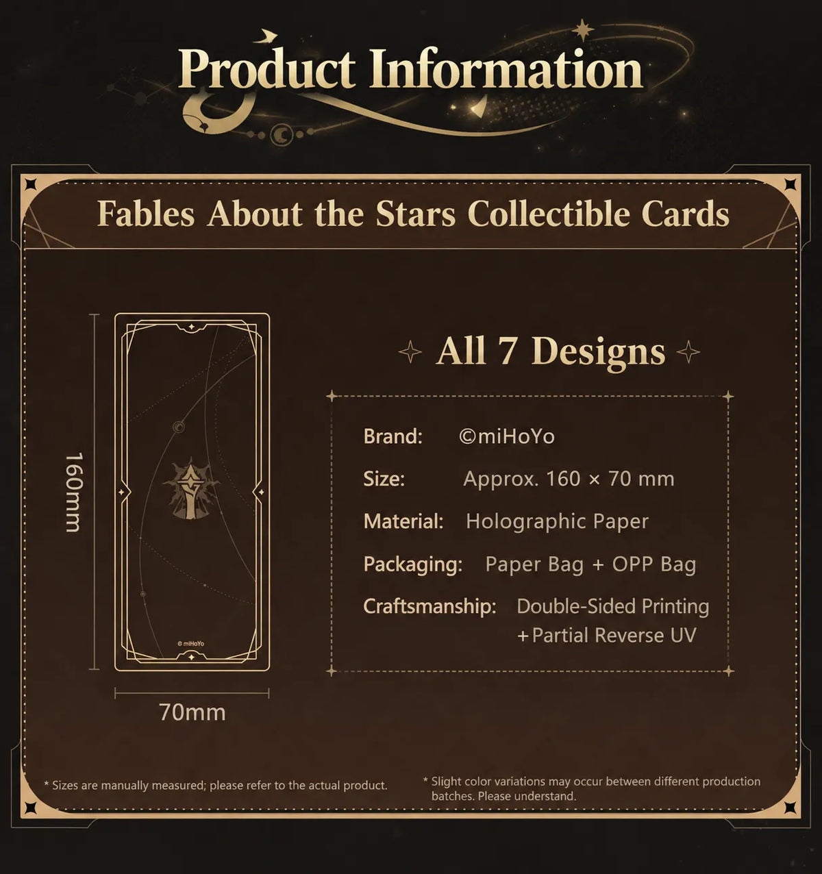 Fables About the Stars collectible card specifications and 160 × 70 mm dimensions
