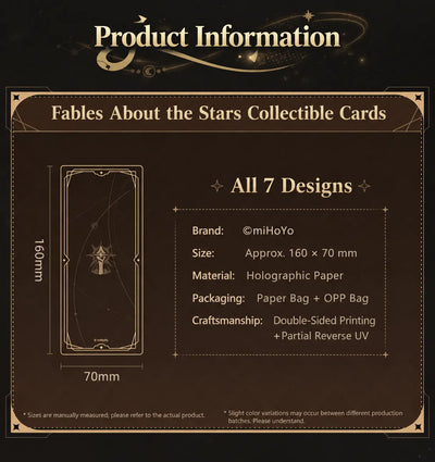 Fables About the Stars collectible card specifications and 160 × 70 mm dimensions