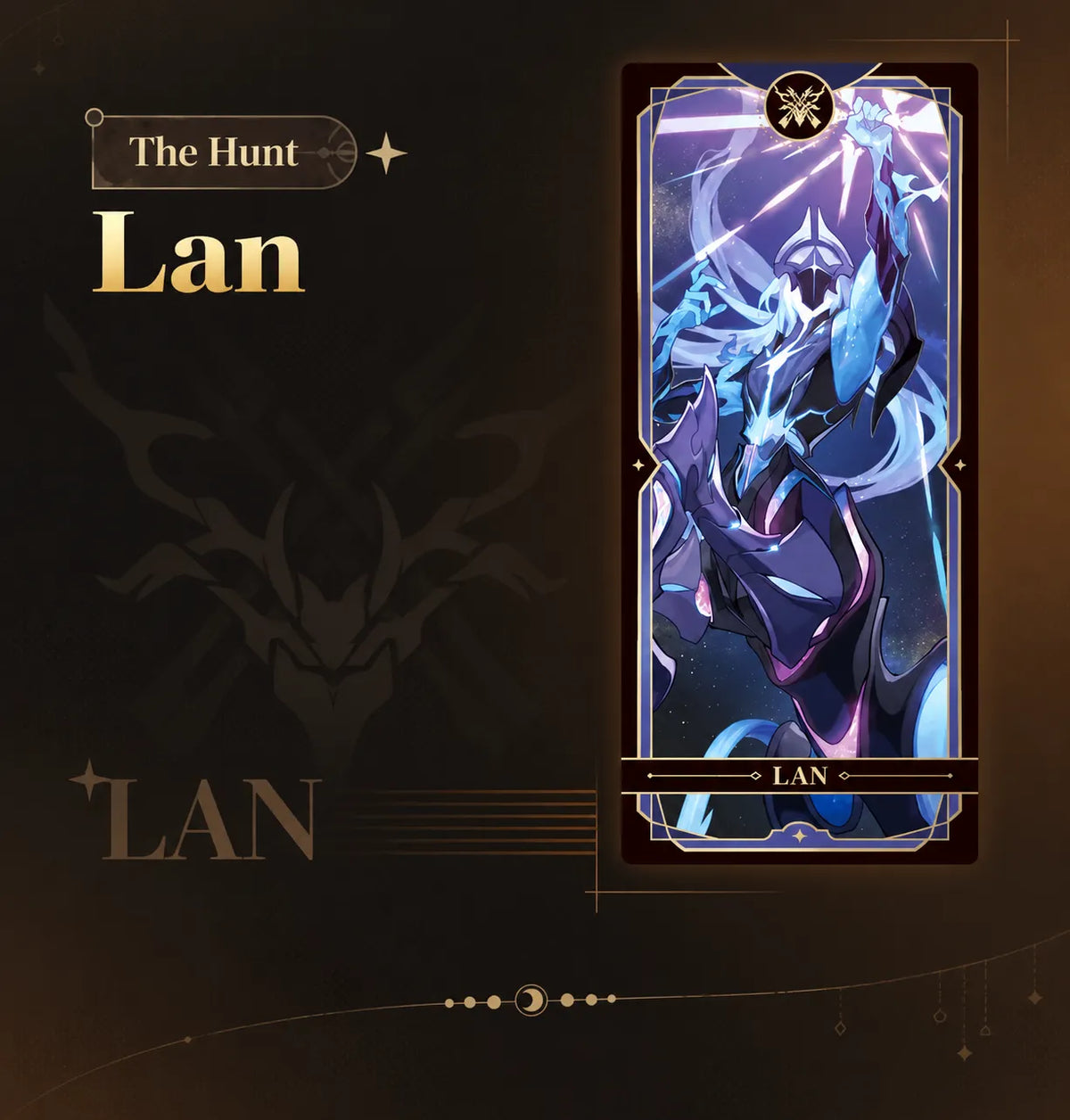 Lan The Hunt collectible card with celestial blue artwork