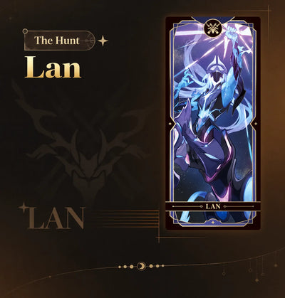 Lan The Hunt collectible card with celestial blue artwork
