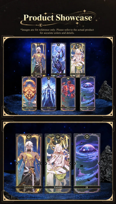 Seven Aeons collectible cards displayed with Nanook Yaoshi and IX close-ups
