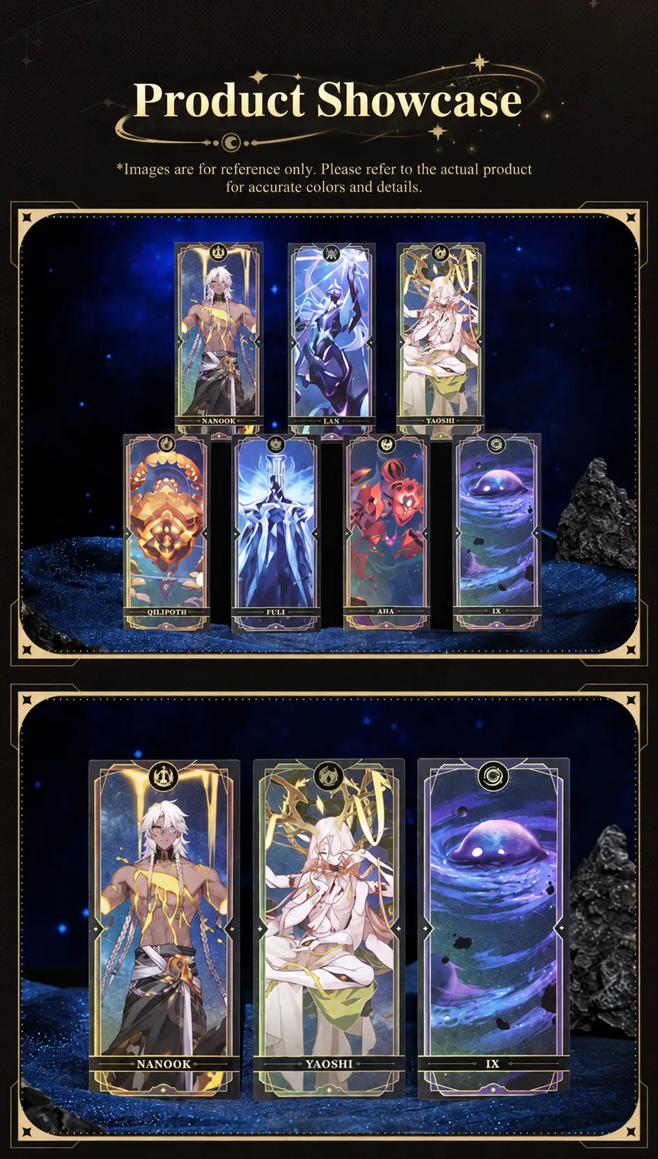 Seven Aeons collectible cards displayed with Nanook Yaoshi and IX close-ups
