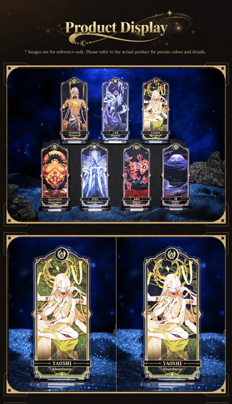 Seven Aeons flowing sand acrylic standees displayed together