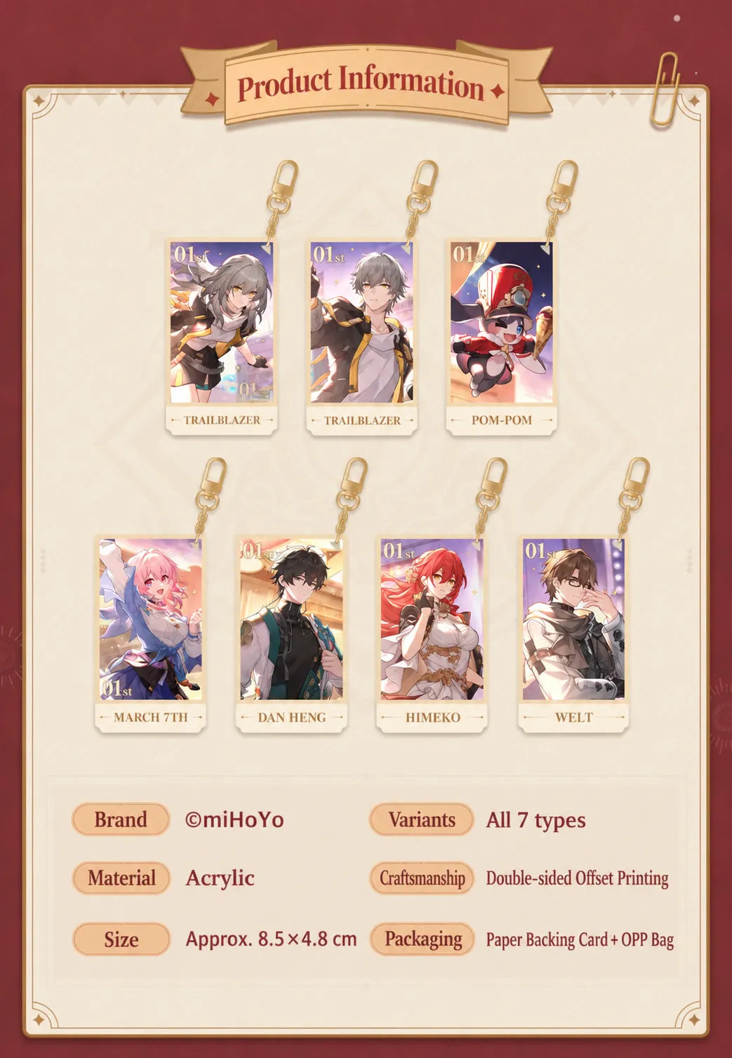 Honkai: Star Rail Festive Gifts Acrylic Charms with seven character designs and product specifications