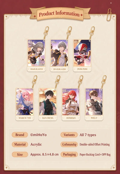 Honkai: Star Rail Festive Gifts Acrylic Charms with seven character designs and product specifications