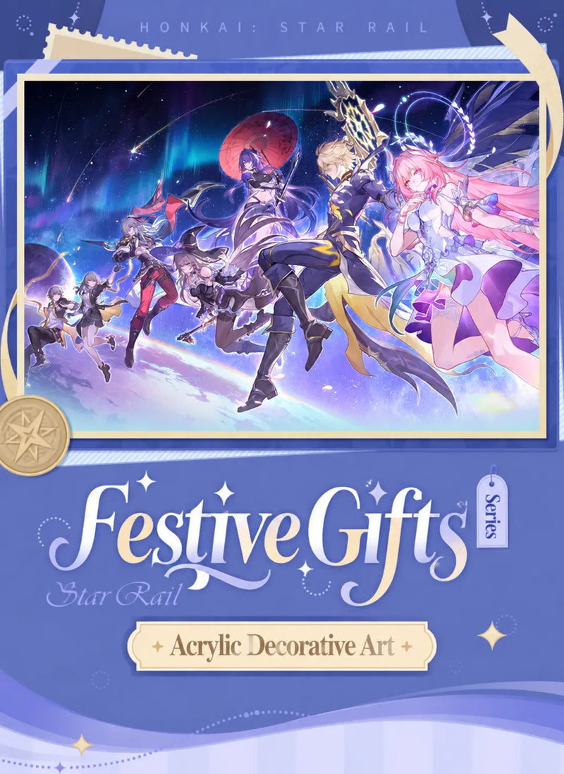 Festive Gifts Series acrylic artwork featuring Cyrene, Phainon, Acheron, Jing Yuan, Trailblazer, and The Herta
