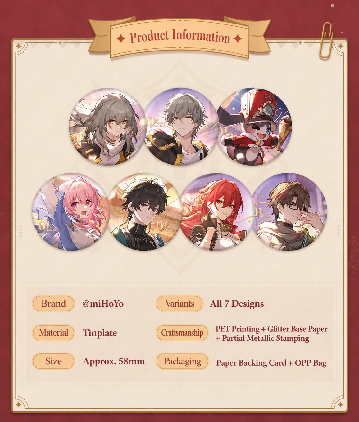 Honkai: Star Rail Festive Gifts Series 58 mm badges with seven designs and product specifications